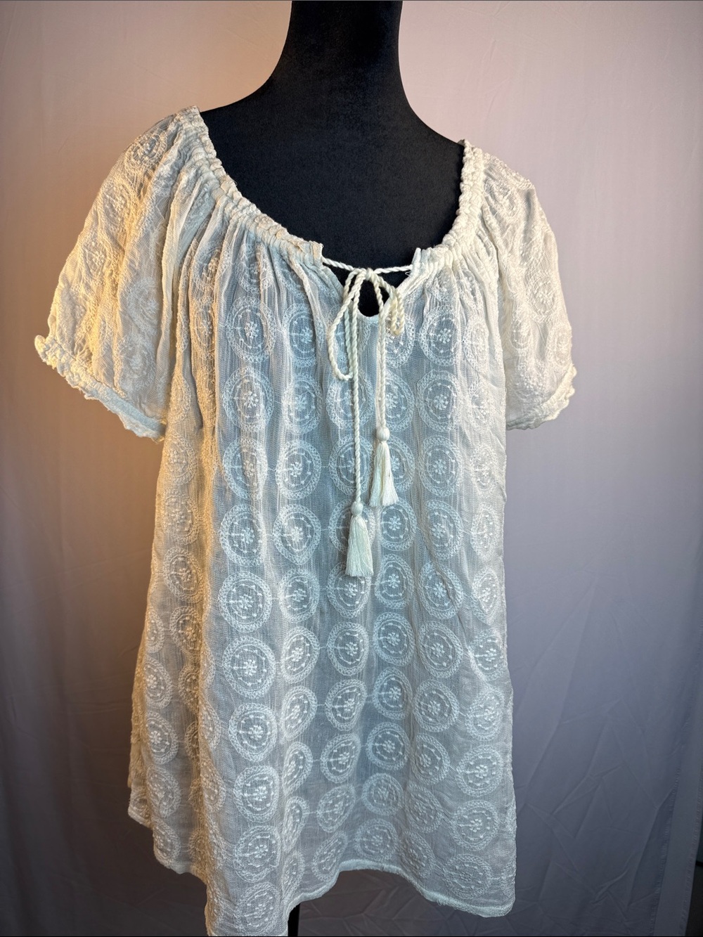 Lucky Brand White Embroidered Peasant Blouse with Tassel Tie